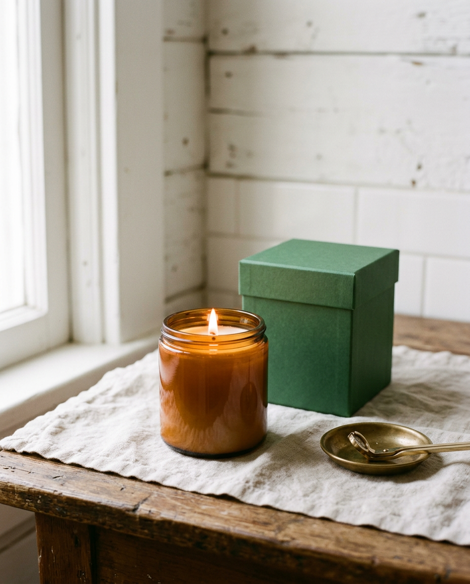 A lit amber glass candle in front of its green gift box (generated image)