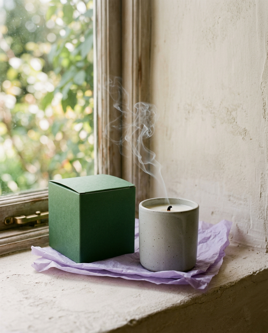 A grey ceramic candle with a curl of smoke beside its green gift box on lilac tissue (generated image)