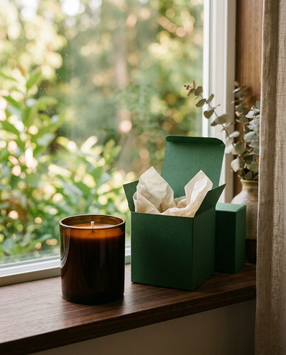 A dark glass candle beside its open green gift box on a window ledge (generated image)